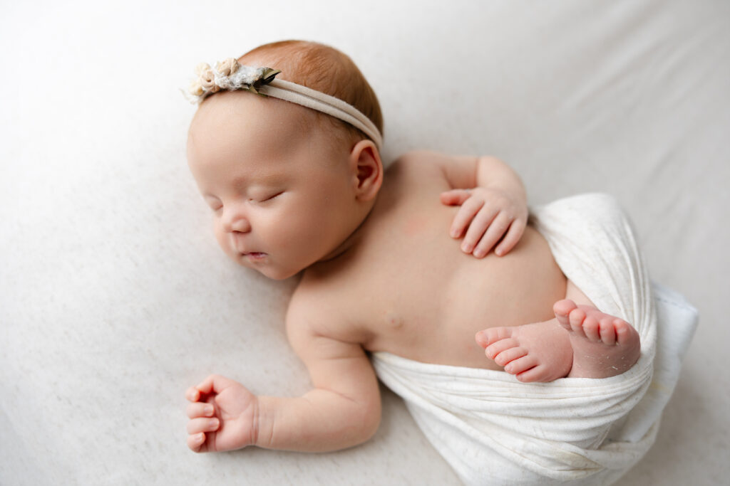 Newborn photography in Redlands featuring studio portraits of a sleeping baby styled with soft neutral wraps and delicate headbands