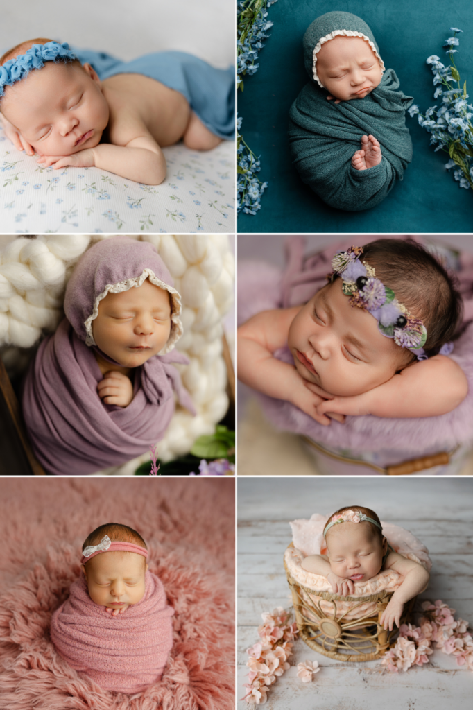 Newborn photography in Redlands featuring styled studio portraits with soft blue, pink, purple, and neutral color palettes
