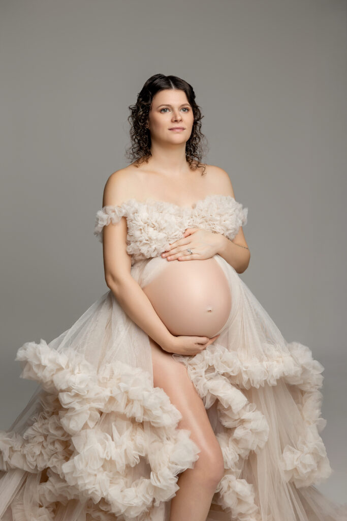 Studio maternity photography session in Yucaipa with soft lighting