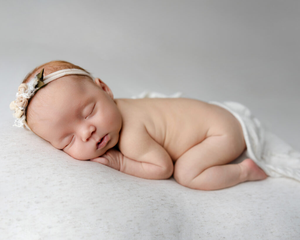 Sleeping newborn posed on her side with arms tucked and headband in place, wrapped in white on a cozy blanket. Captured by Inland Empire baby photographer Kaitlyn Dawn Photography.
