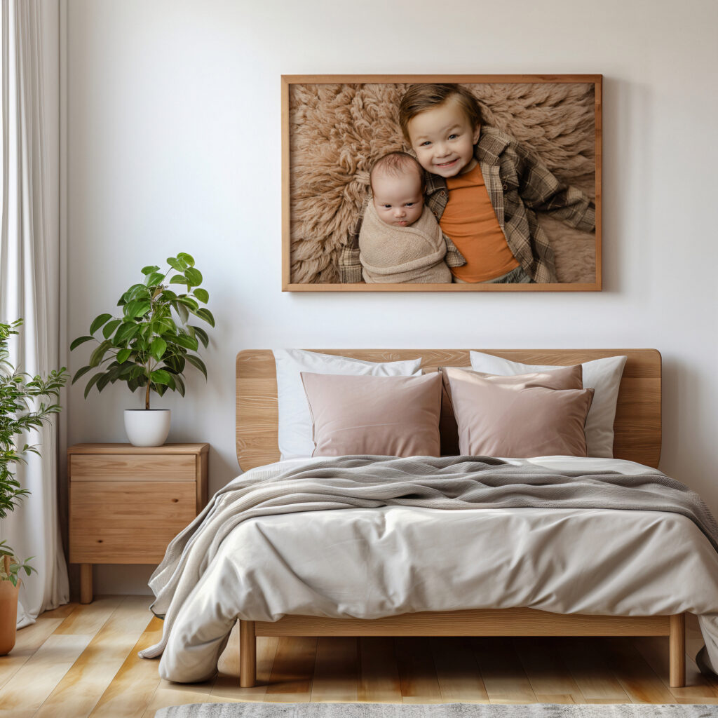 Modern bedroom featuring a large framed wall portrait of two young siblings—an older brother smiling beside his swaddled baby sibling—displayed above a wooden bed with blush and white pillows. Wall art by Inland Empire photographer Kaitlyn Dawn Photography.