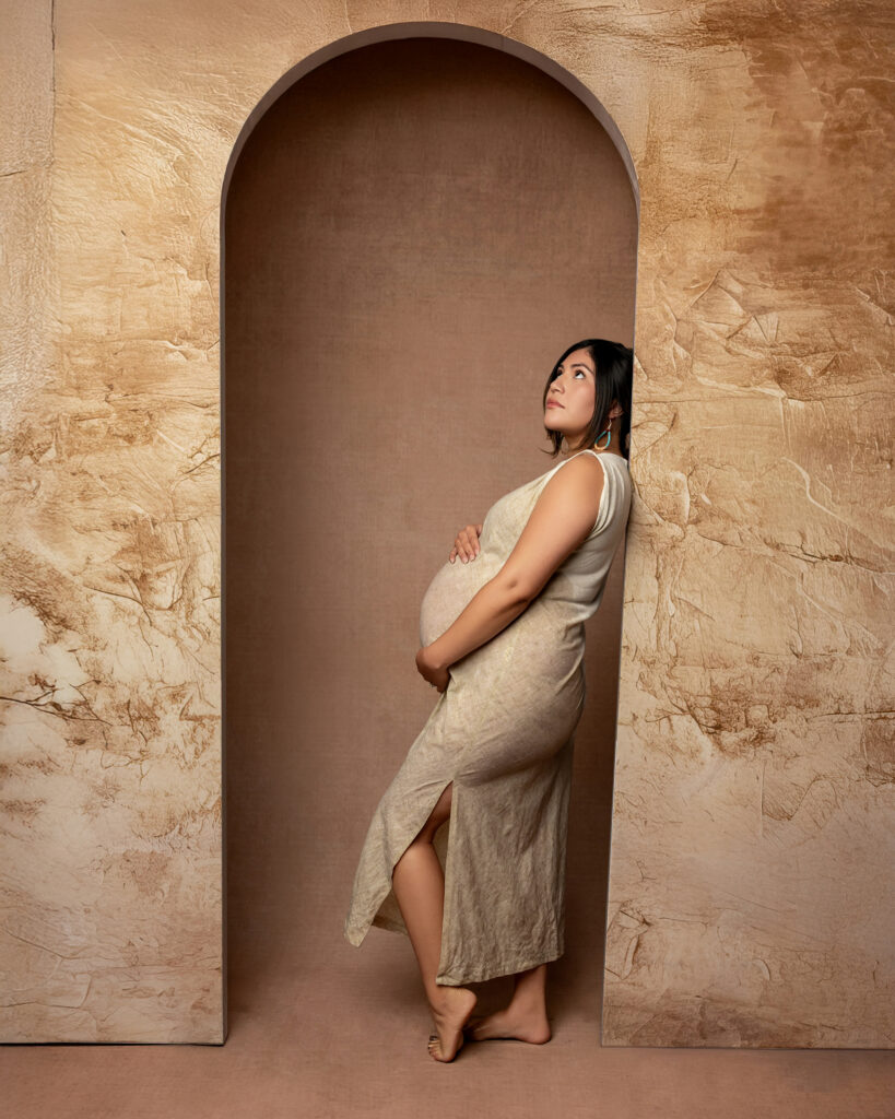 Neutral-toned maternity session featuring an elegant linen dress and timeless styling ideas for what to wear during pregnancy. Photograph by Yucaipa maternity photographer Kaitlyn Dawn Photography.