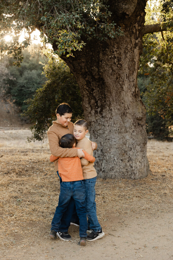 Three brothers hugging beneath a large tree during an outdoor portrait session, capturing why lifestyle family sessions focus on genuine sibling connection.