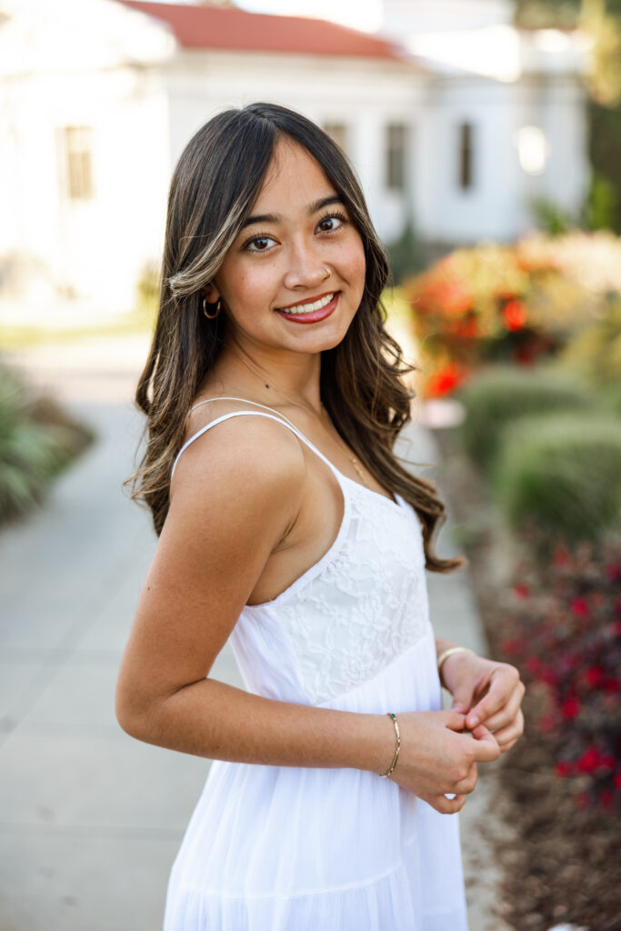 Close-up portrait in white dress with soft background in Redlands, by Kaitlyn Dawn Photography.