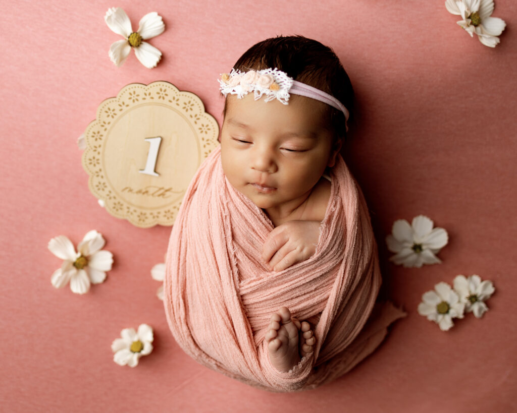 One-month-old baby in a pink swaddle with a milestone sign, illustrating newborn growth spurts during the first months.